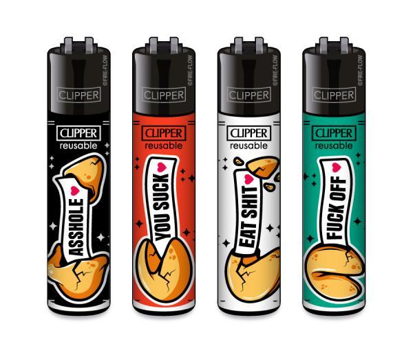 Clipper CLASSIC Large – Fortune Cookies 4er Set mit den Sprüchen Asshole, You Suck, Eat Shit und Fuck Off; nachfüllbar, Softflame, Stopfhilfe.